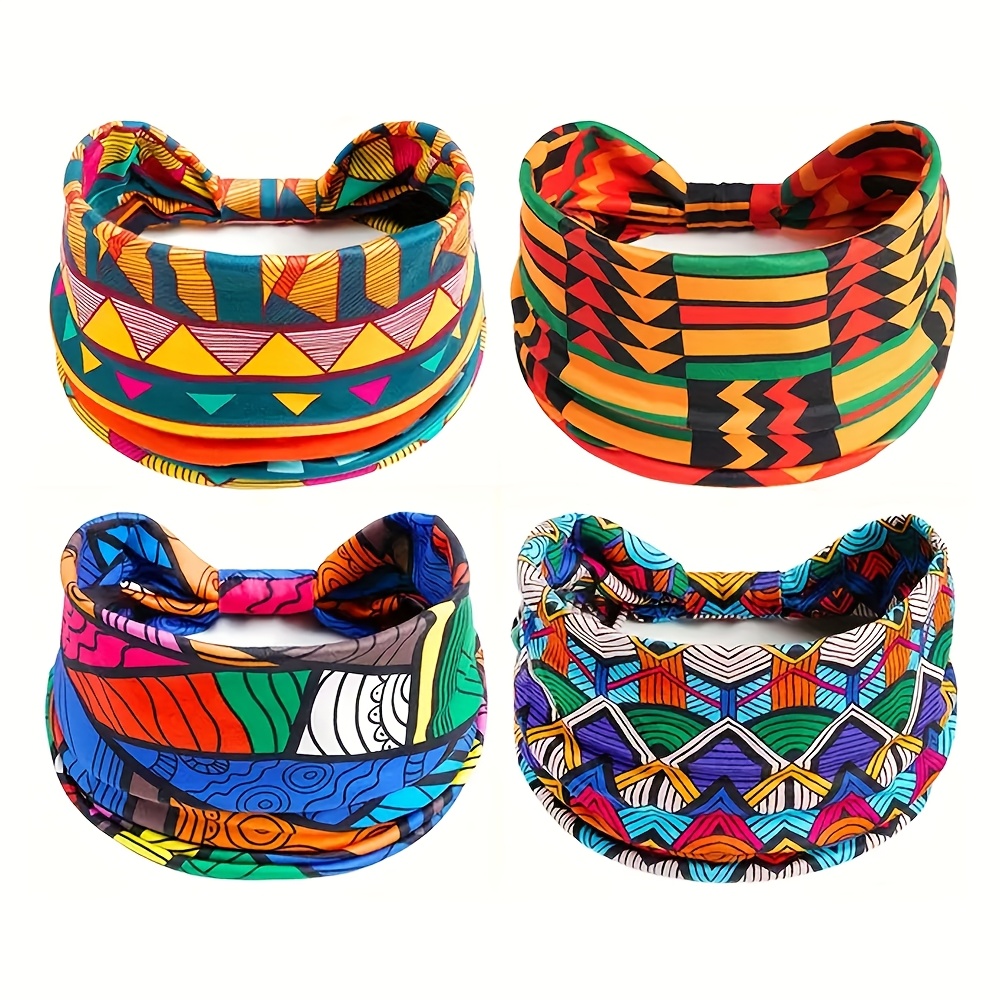 E-shop 4er-Set Böhmische Damen Stirnband - Farbenfroher geometrischer Böhmischer Druck, Saugfähiges und Atmungsaktives Stirnband, Fitness Lauf Mode