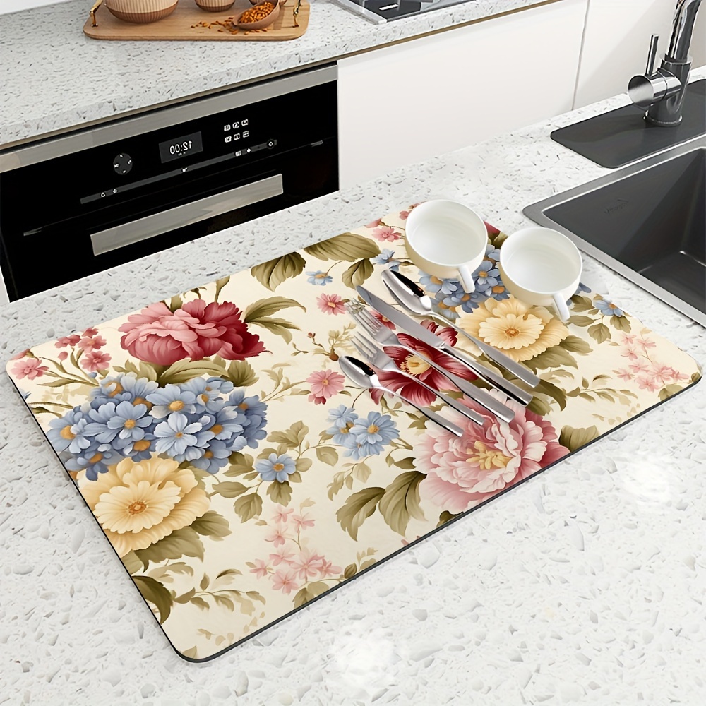 

1pc Kitchen Drain Mat, Toilet Water-absorbing Mat, Dining Table Heat Insulation Mat, Chinese Style Plant And Flower Peony Print Drain Mat