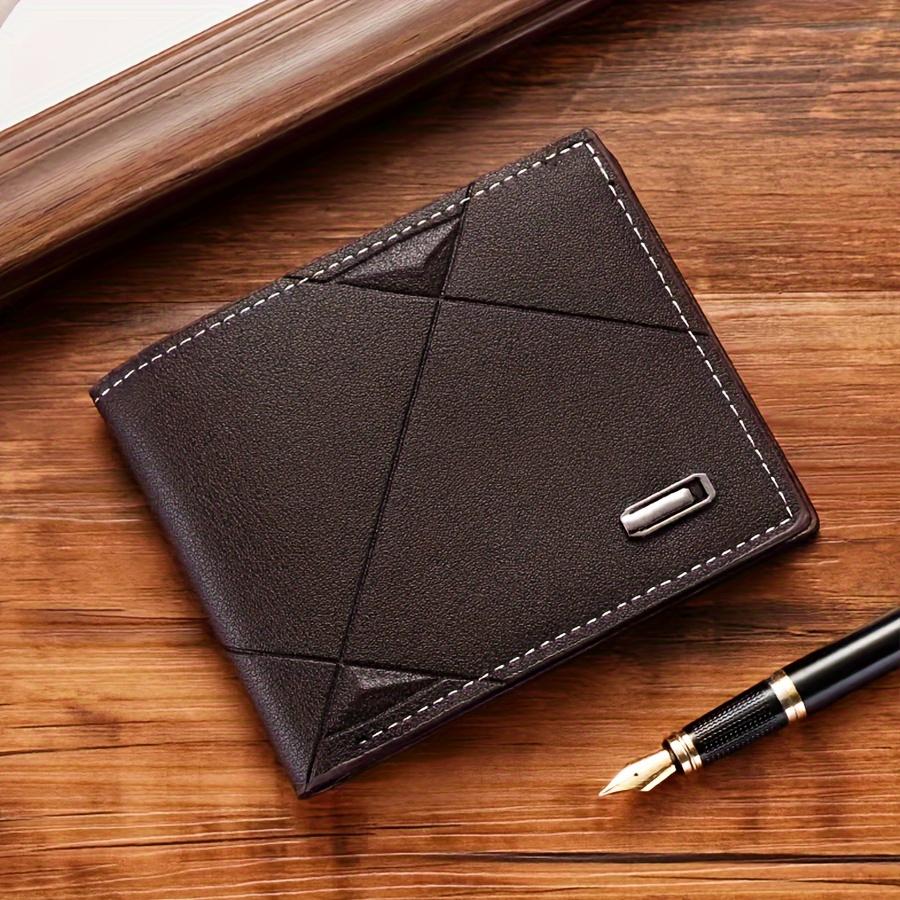 TEMU Men's Large Capacity Soft Leather Wallet - Sleek Black With Geometric Pattern, Fashionable Metal Accent, Multiple Card Slots, Ideal For Students & Dads