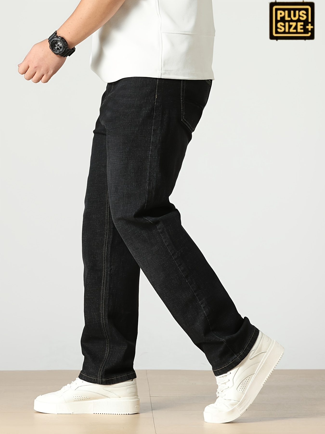 Men'S Plus Size Comfort Stretch Straight-Leg Jeans - Light Blue Washed Denim, Loose Fit Casual Pants with Button Closure, All-Season Wear, Comfortable Clothing | Straight Leg Jeans | Medium Elasticity