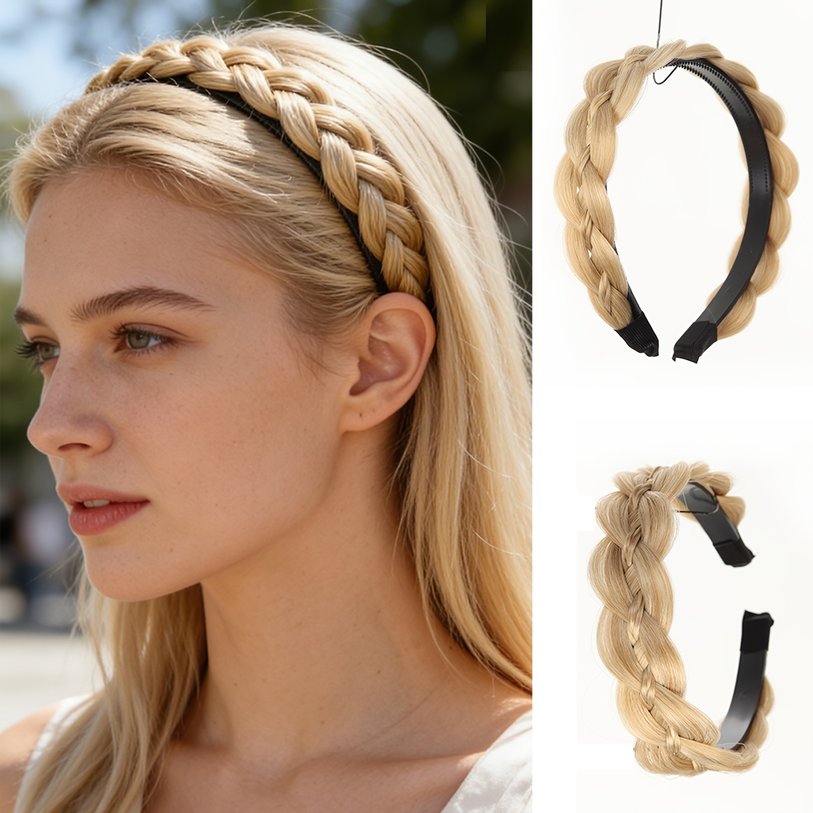 TEMU Bohemian Twisted Fishtail Headband Wig - 1pc Heat-resistant Synthetic Knitted Hair Band, Textured Braided Look, Daily Wear Headpiece For