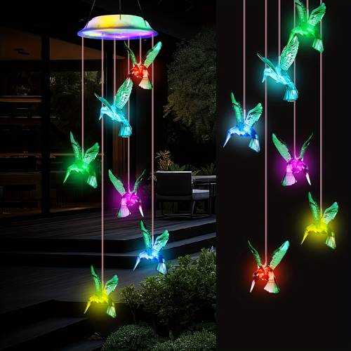 solar powered hummingbird wind chimes with automatic color changing led lights outdoor indoor hanging garden decor solar panel hanging chains included weatherproof for patio porch christmas halloween wedding solar decoration gift