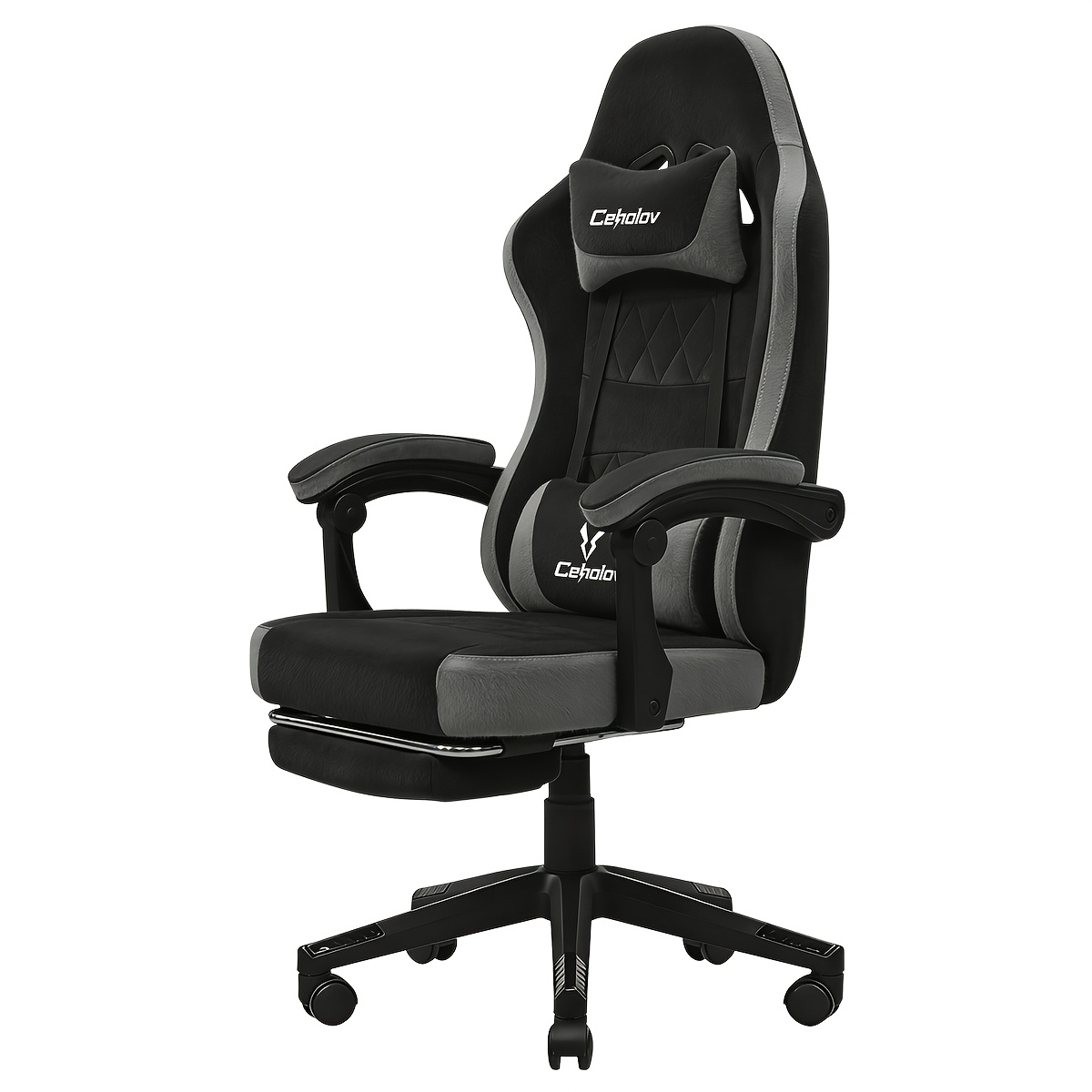 TEMU Fauteuil de gaming en tissu avec -pieds, coussin de siège en éponge haute , avec coussin lombaire et appui-tête, accoudoirs articulés, vérin à