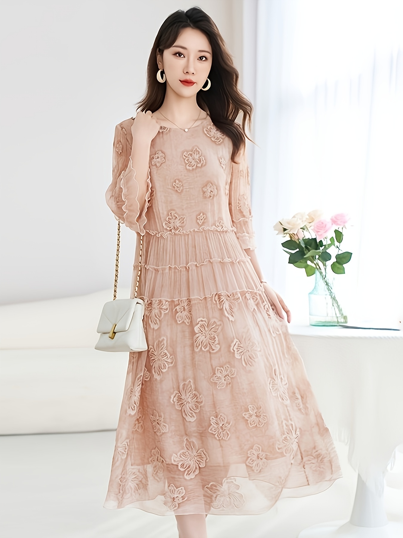 Ink Painting Beauty Gentle Style Dress Women'S Long-Sleeved Waist *  High-End Brand Ladies Dress