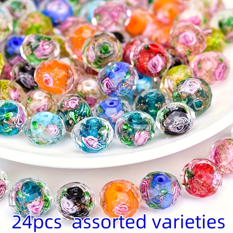 Image of 24pcs Random Mixed Color 10mm Bohemian Style Glass Beads, Mixed Color Floral Lampwork For Jewelry Making, Craft Necklace, Bracelet, Decorative Seed Beads With Detail - Handcrafted