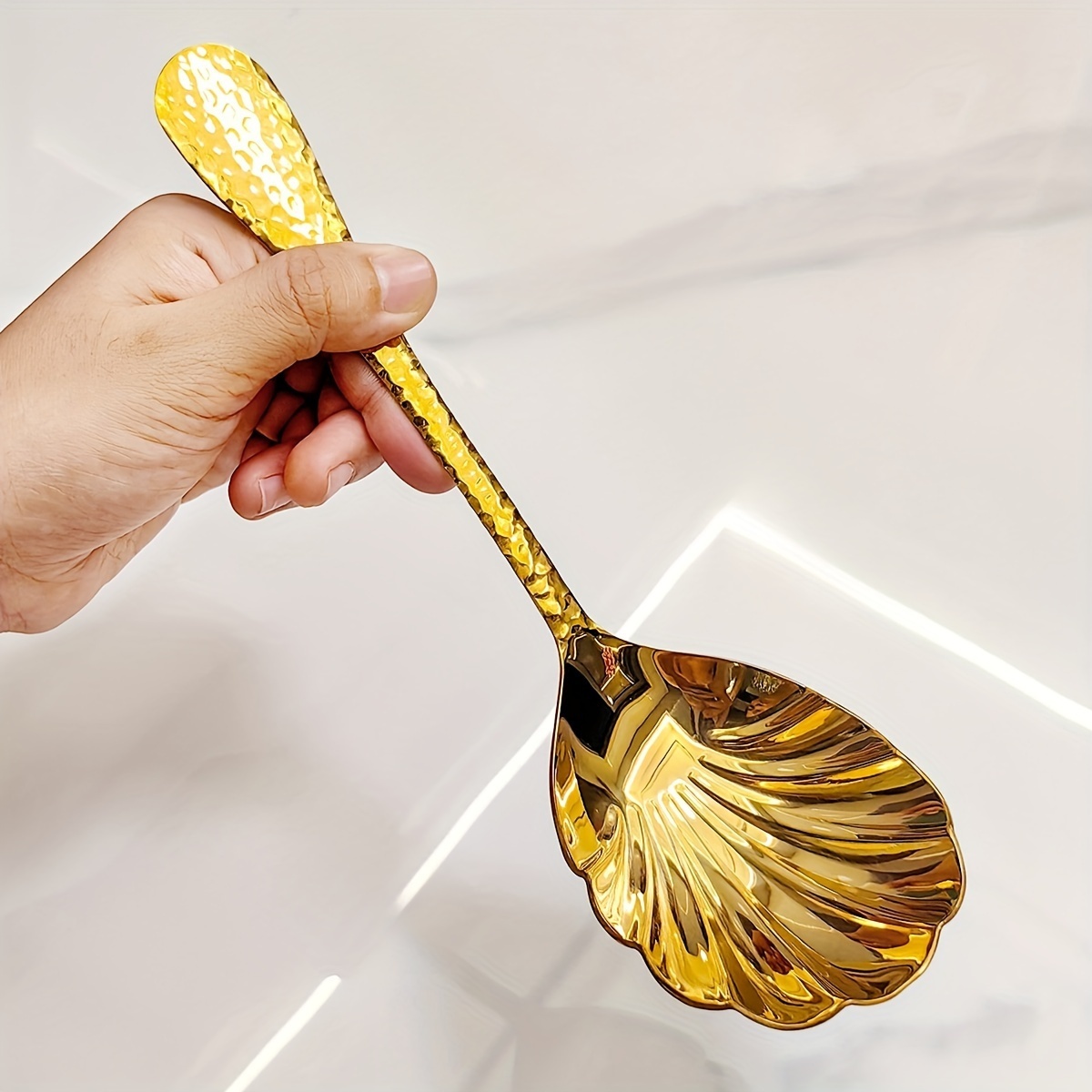 TEMU Stainless Steel Hammer Pattern Large Spoon, High-end Soup Ladle, Serving Spoon, Household And Hotel Buffet Spoon, Creative Gift Spoon - Kitchen,
