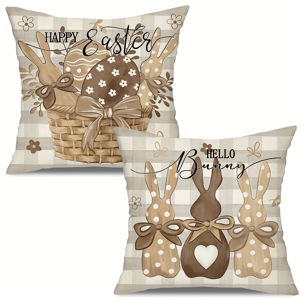 

2pcs Easter Bunny & Egg Basket Throw Pillow Covers, 18x18", With "" & "" Designs, Cozy Farmhouse Decor For Couch, Sofa, Patio - Zippered, Polyester, Hand Wash Only - No Inserts, Bunny Accessories