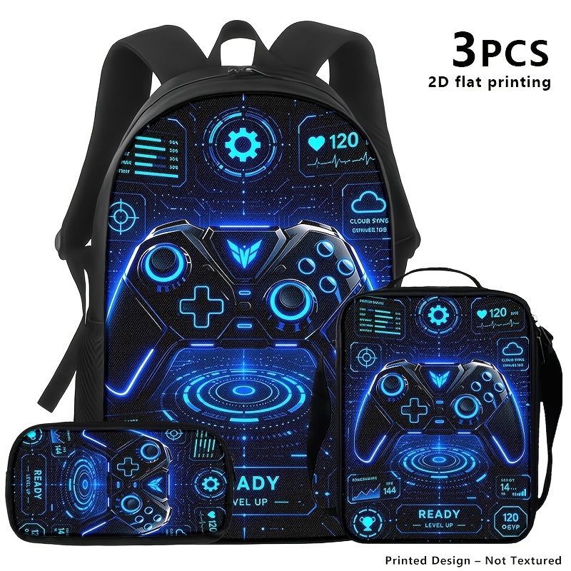 TEMU 1pc/2pcs/3pcs Backpack Storage Bag Shoulder Bag, -gaming Hud Print With Glowing Controller; For Gamers And Tech Fans Ideal For Commute, Travel,