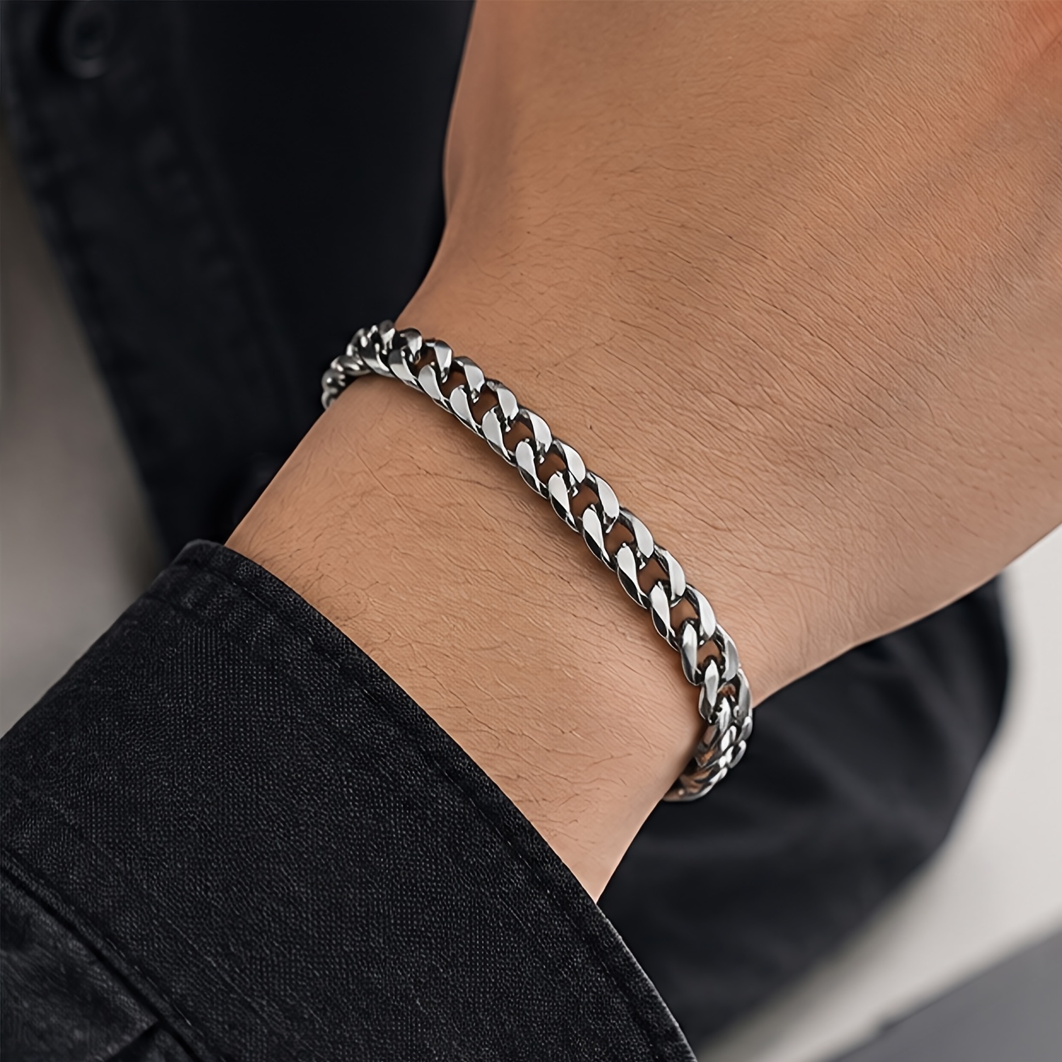 TEMU Pulsera de Cadena de Acabado para Hombre, Brazalete Ajustable Plateado con para Uso Diario