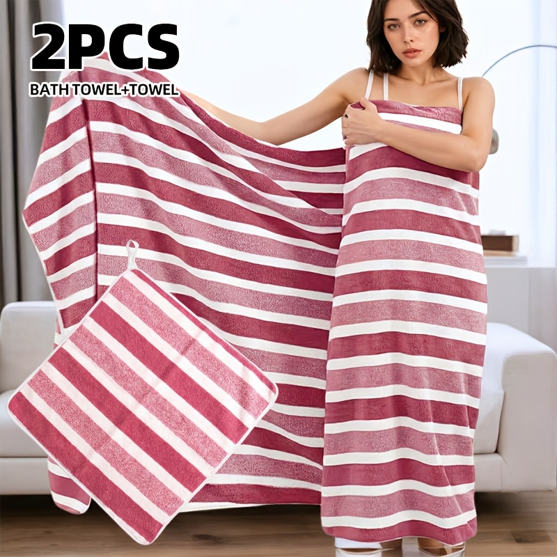 TEMU 2pcs Colored Wide Stripe Oversized Bath Towel Set Including 1pc 90 X 180cm [35.43 X 70.87 Inch] Bath Towel And 1pc 30 X 30cm [ X Inch] Hand