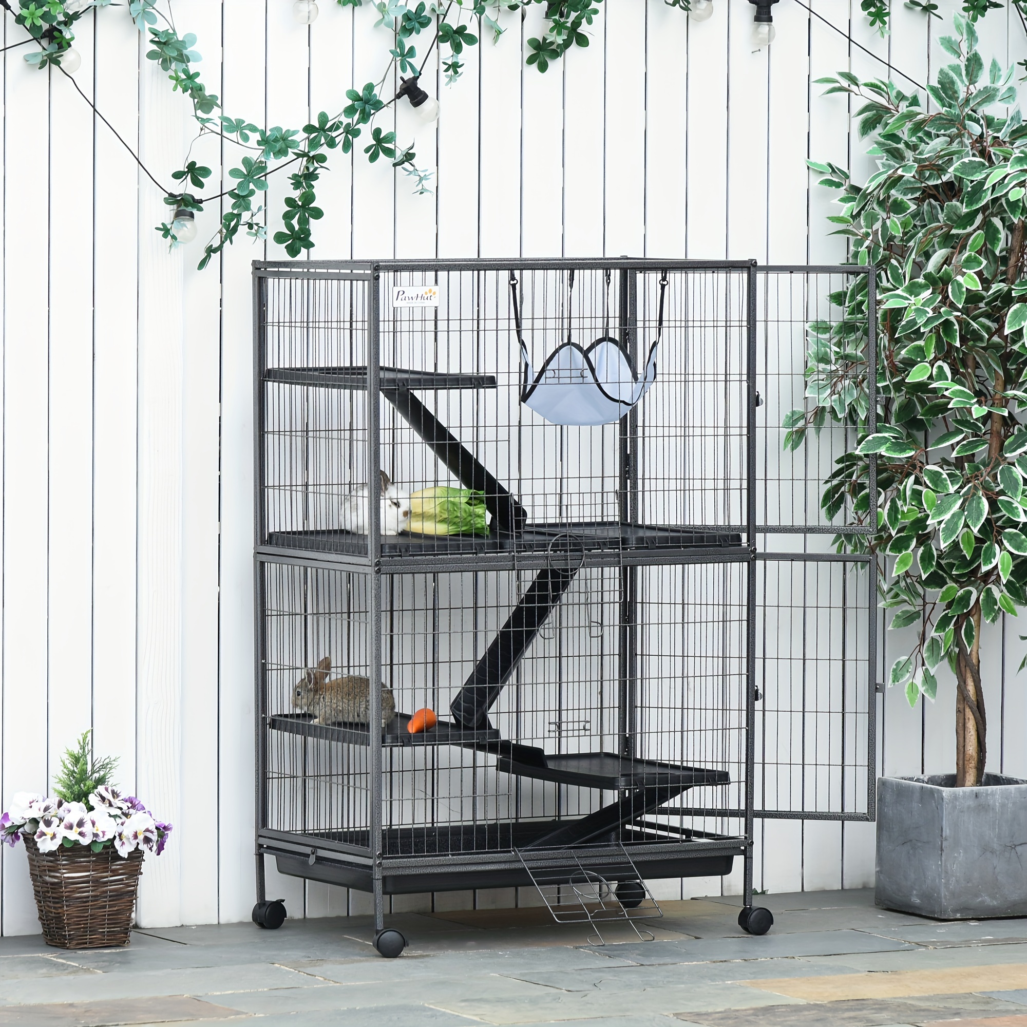 TEMU Pawhut 50" 5-tier Small Animal Cage, Ferret Cage, Large Chinchilla Cage With Hammock Accessory & Heavy-duty Steel Wire, Small Animal Habitat With 6 Doors, Removable Tray, Silver