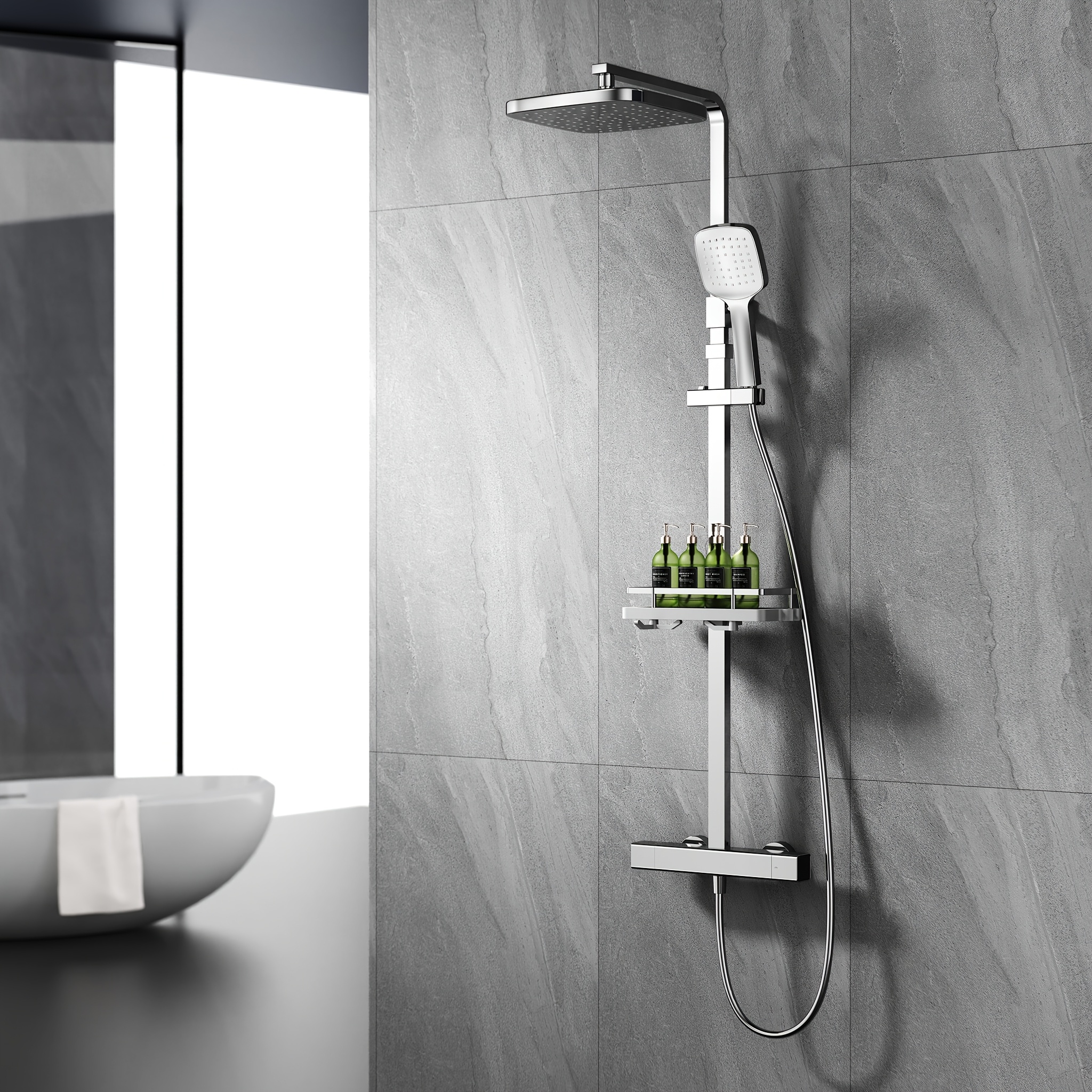 Shower System With 38°c Thermostat, Stainless Steel & Shelf, Shower Fitting Set With Hand Shower & Overhead Shower, 3 Spray Patterns, Height Adjustable, Chrome