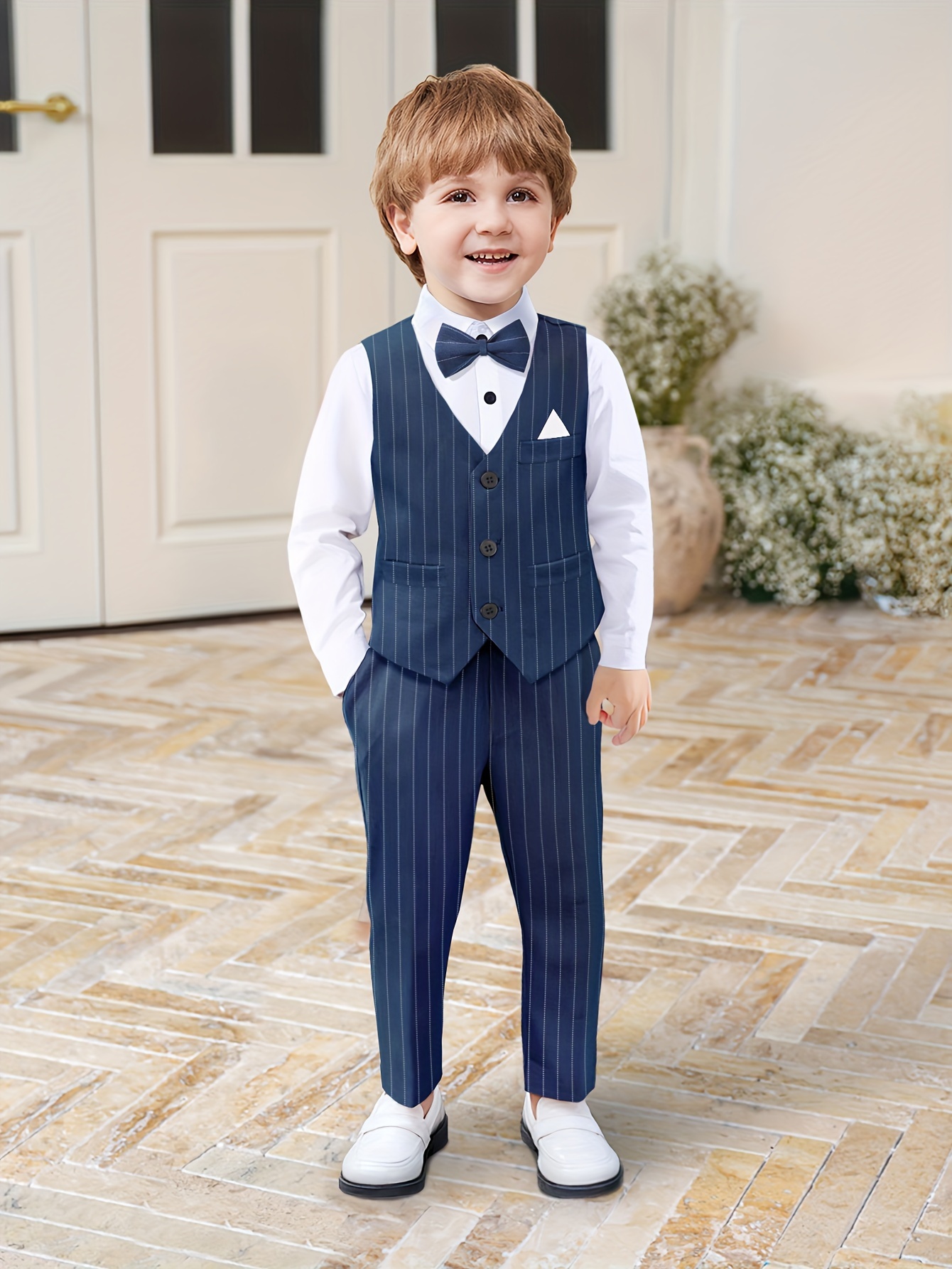 Bow Tie White Tux With Navy Blue Vest Boys' Striped Suit Set Bow