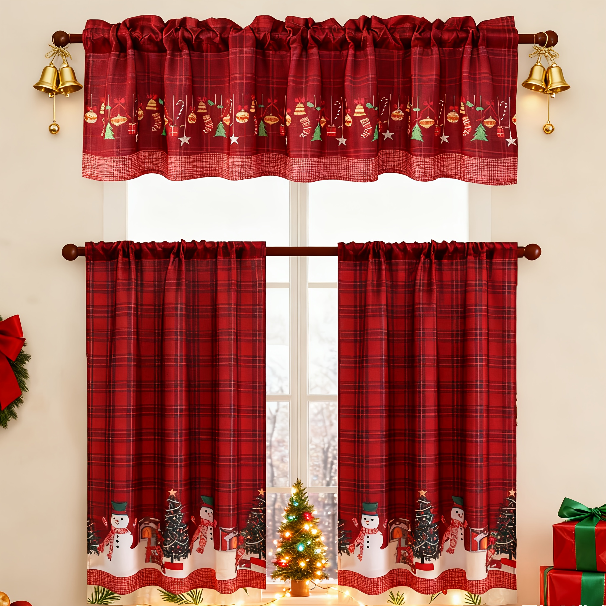 [christmas Kitchen Decor]3pcs Holiday Curtain Set With Valance & Tier Panels | Festive Snowman Print Window, 100% Polyester, For Kitchen & Dining Room
