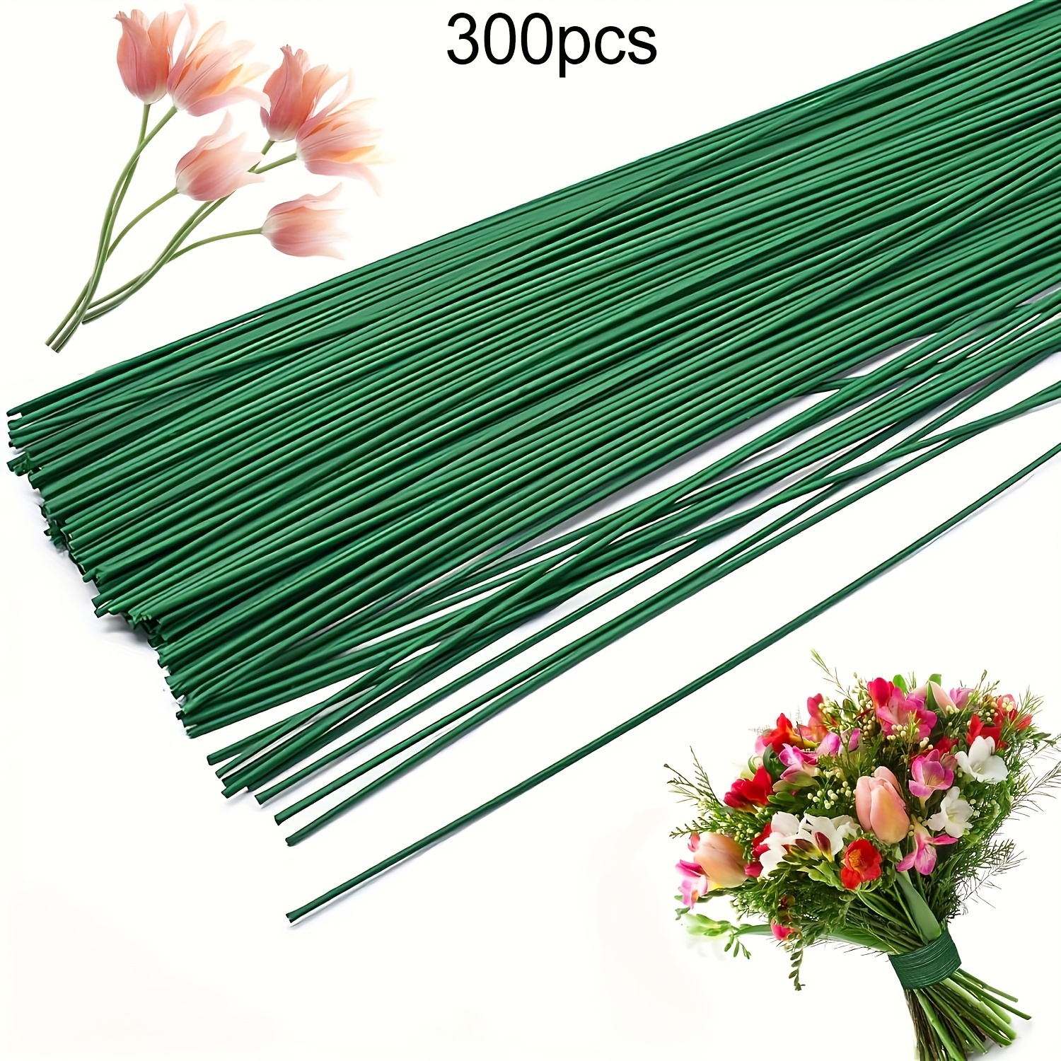 

300 Pcs 40cm Green Floral Wire, Iron Stems For Flower Arrangements And Craft Projects