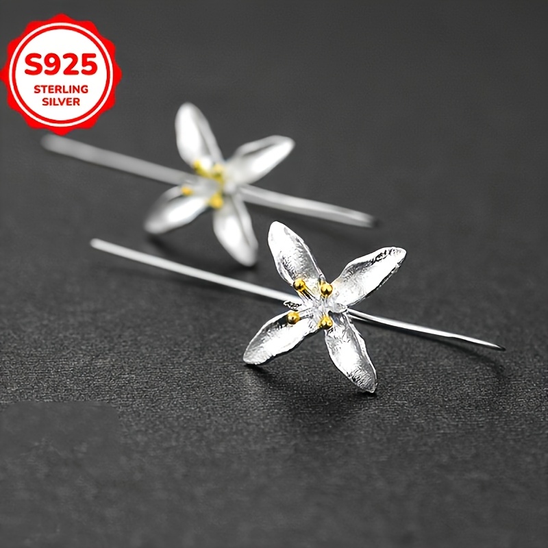 925 Sterling Silver Temperament Long Flower Earrings