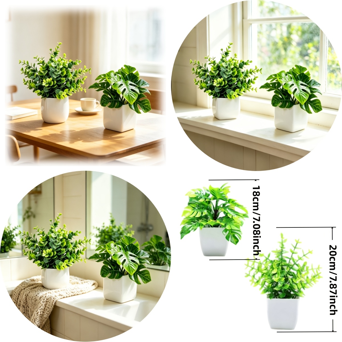 TEMU 2pcs Set Artificial Greenery Decor, Faux Monstera Leaf + Faux Eucalyptus Small Potted Plant, Low-maintenance Fake Plants For Living Room,