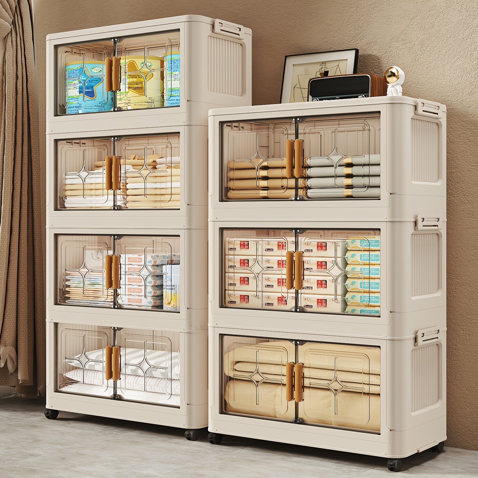 item picture portable closet organizer large capacity foldable storage bins with wheels stackable plastic storage boxes with lids bedroom clothes storage containers entryway hallway storage cabinet for organizing clothes quilts towels pillows blankets
