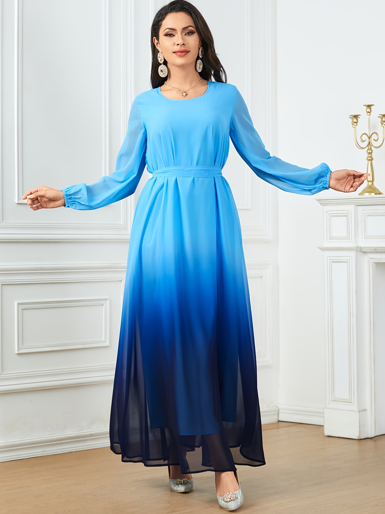 gradient ombre maxi dress bell sleeves adjustable line - Temu