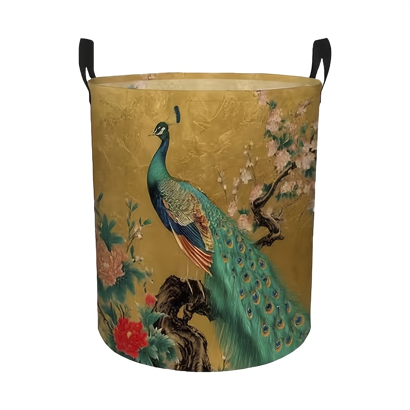 TEMU 1pc Foldable Room Storage Basket, Light Luxury Bottom Peacock Peony 2d Flat Pattern Round Laundry Basket, Suitable For Clothes And Sundries,
