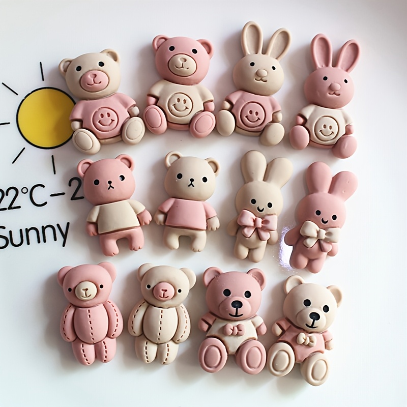 Image of 12pcs Bear Accessory Set: Khaki Smiling Bear, Pink Smiling Bear, Diy Decorations, Phone Case Patches, Long-eared Bunny Accessories, Standing Bear, Bow Tie Bear, Line Bear, Bow Bunny, Resin Accessories