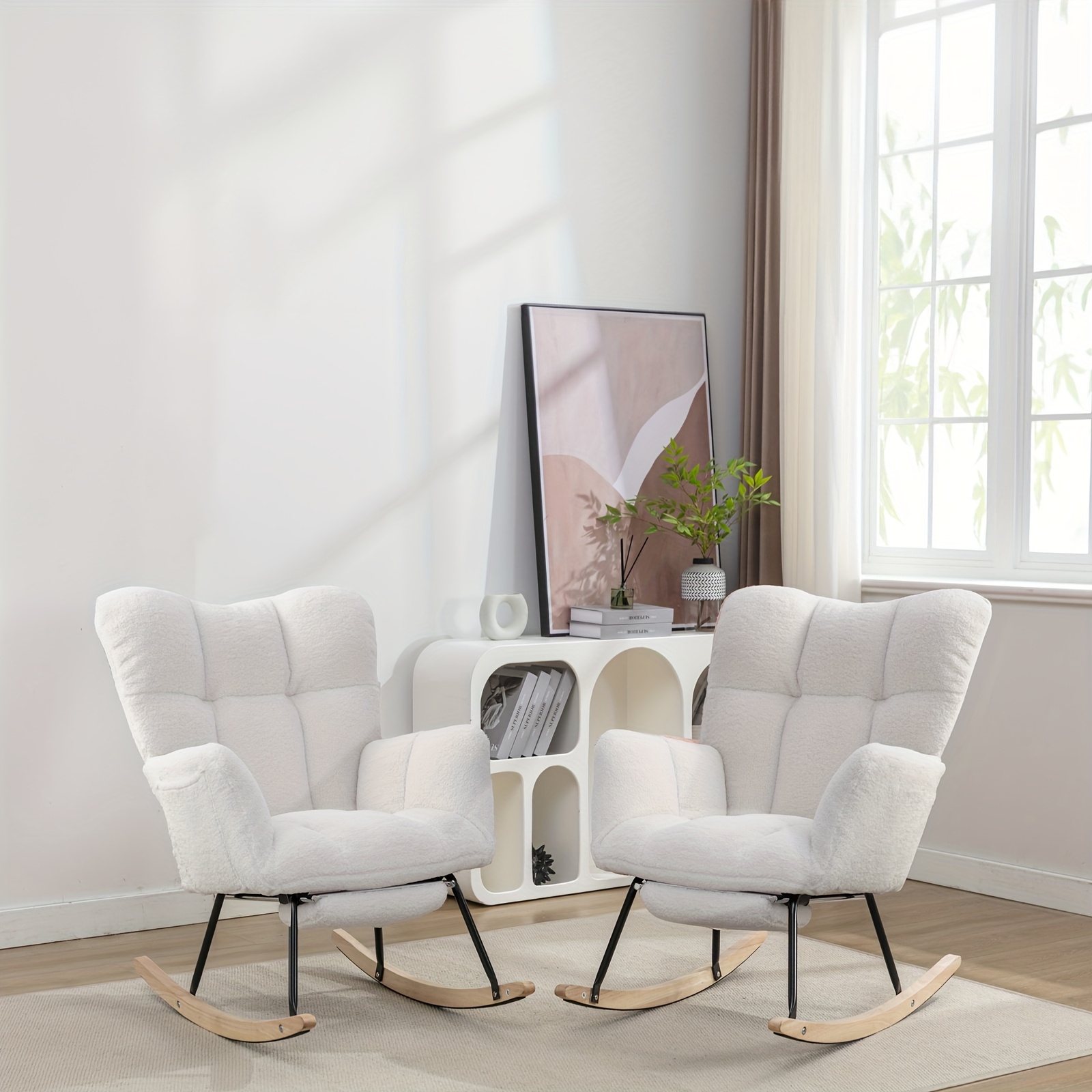 Nursery Teddy Upholstered Glider Rocker with Adjustable Footrest, High Backrest Padded Recliner Reading Chair for Bedroom