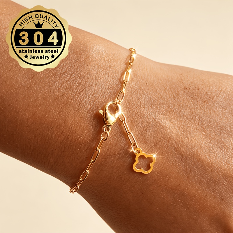 TEMU 1pc Women's Bracelet, 304 Stainless Steel Material, Easy And Versatile Chain Design, With Hollow Clover, Suitable For Daily Wear, Oxidation