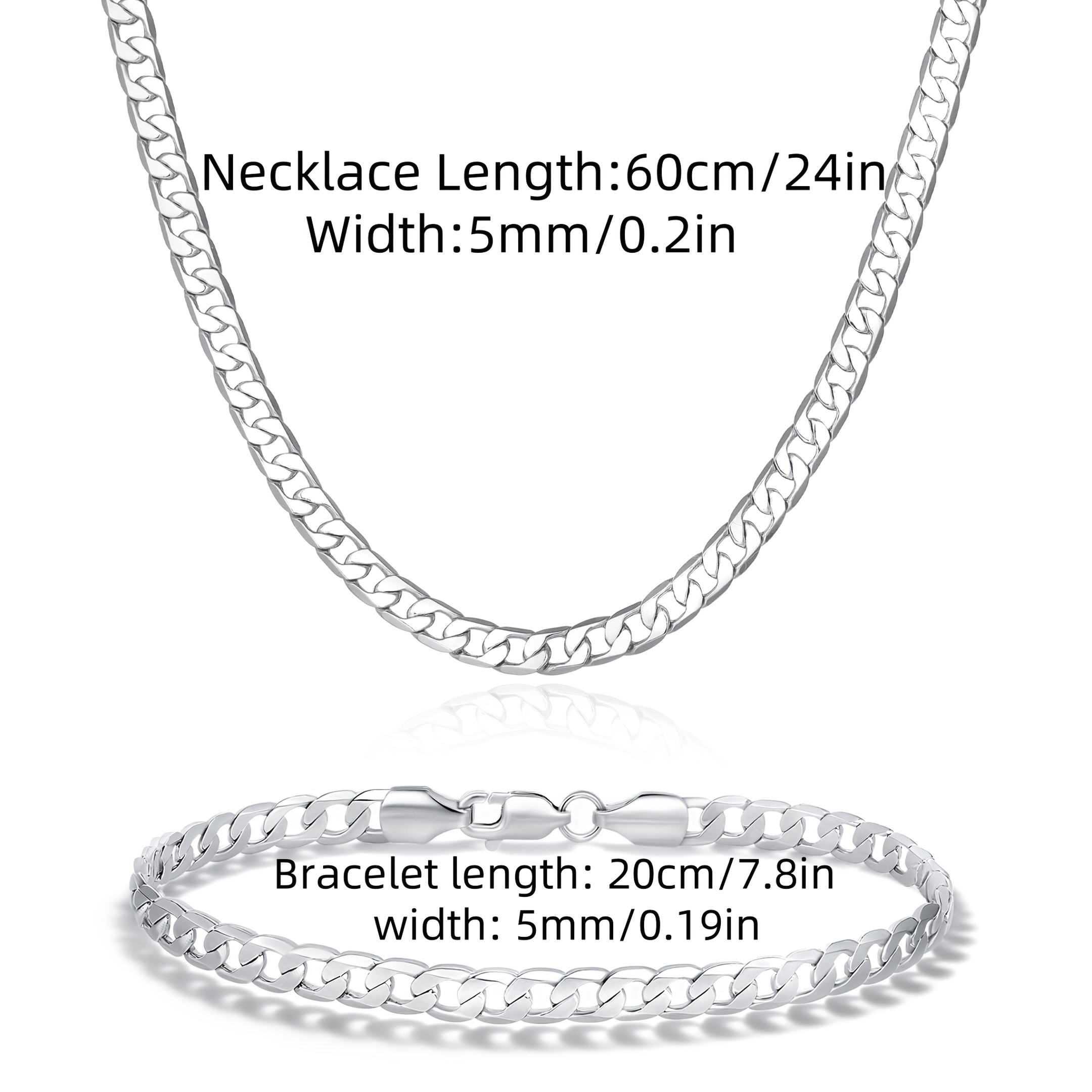 925 Silver Cuban Jewelry Set For Women, 5mm Necklace And Bracelet. Fashionable And , Suitable For Men And Women. Perfect Gift For Ladies, Ideal For Christmas And Valentine's Day. With A Gift Box