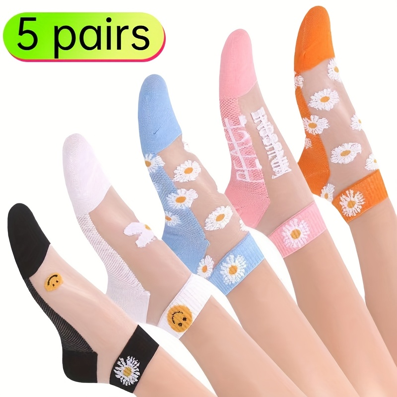 TEMU 10pcs (5 Pairs) Women's Socks Sunflower, Cute And Comfortable Breathable Boat Socks, Breathable And Lightweight, Transparent Short Socks, Popular And Cute Holiday Gifts