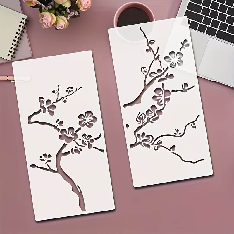 2pcs Elegant Cherry And Branch Templates - Reusable Painting Template, Pet Branch Flower Painting Template For Diy Home Decoration, Painting On Furniture And Walls - Multi Functional