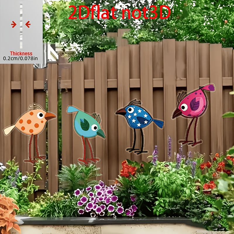 TEMU 2d Flat, [2d Flat] 2d Flat, 4pcs Set Of Cute Little Birds. Acrylic Fun Bird Wall Decor Set, Ideal For Wall And Fence Decoration, Durable