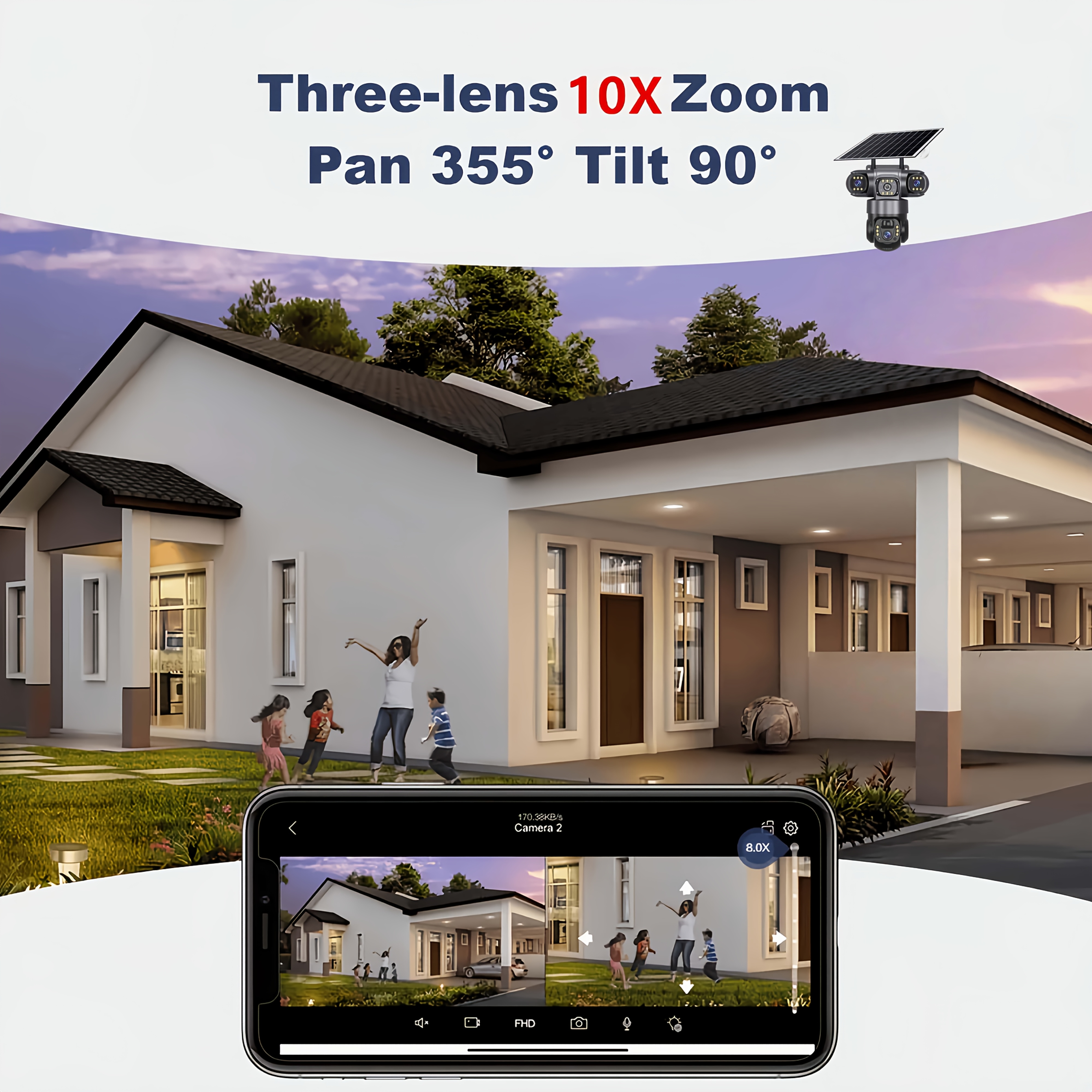 New Model 3 Lens 3 Screen Security Camera Wireless Outdoor - Solar/Battery Powered, WiFi & No SIM Card Needed (Connect & Use) | Multi-Angle Monitoring for Home/Patio/Yard | AI Motion Detection, Color Night Vision, 2-Way Audio, Siren, Cloud Storage