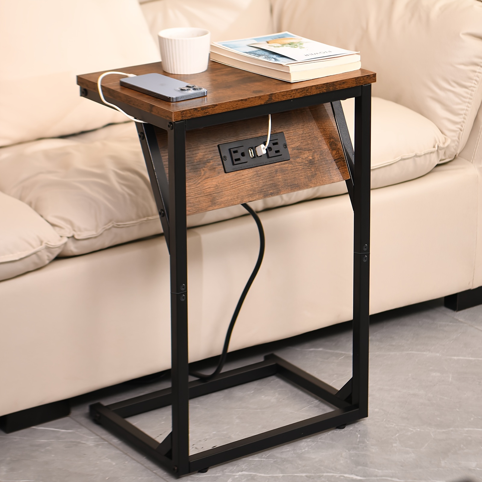 

C-shaped Side Table End Table With Charging Station, 2usb Ports And 2power Outlets, Steel Metal Frame, Side Table, Nightstands For Living Room, Bed Room, Narrow Space, Brown