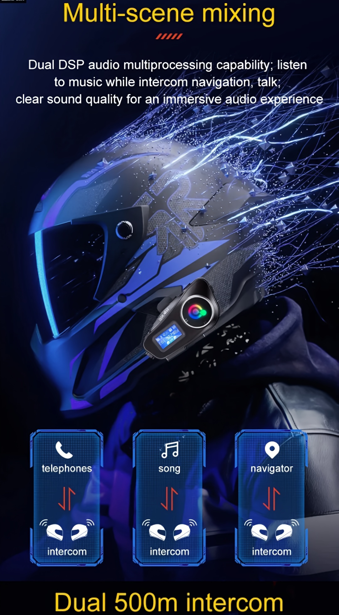 Dispositivo de comunicación para casco de motocicleta Q58-MAX, intercomunicador inalámbrico 5.3, 500M, con intercomunicador Moto, función de compartir música y pantalla LCD