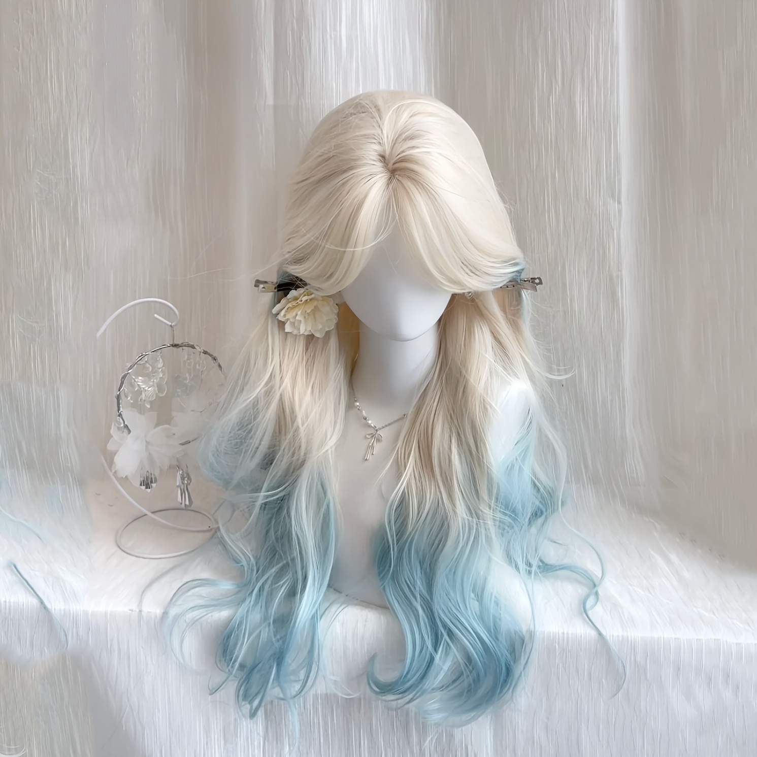 TEMU -inch Women's Wig Featuring A Gradient Sea Salt Blue Color, With -shaped Bangs And Large Waves. It Has Long, Curly Hair That Exudes And