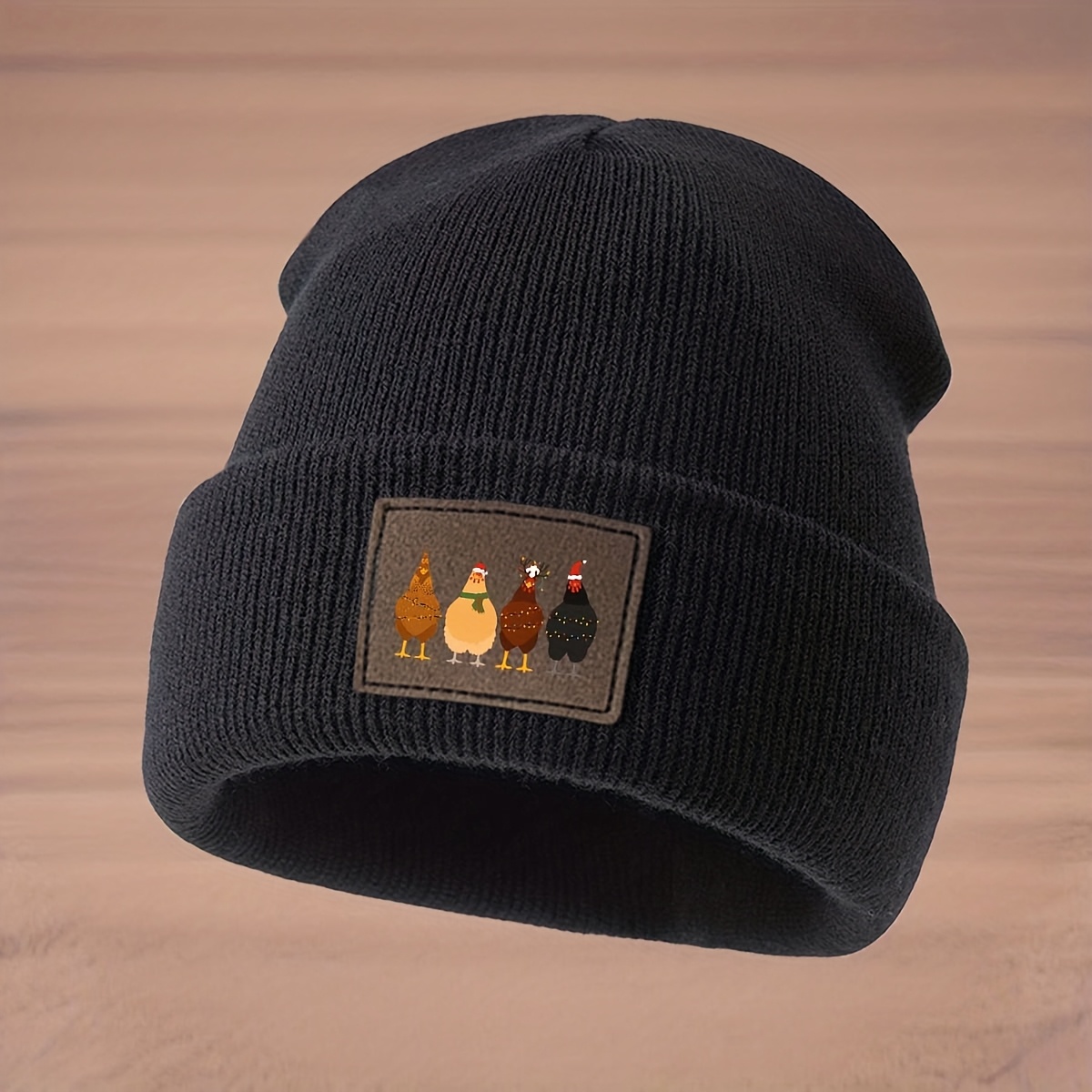 TEMU 1 bonnet de Noël tendance avec motif de quatre poussins, chapeau chaud bordure, haut élastique, casquette hip-hop unisexe, bonnet de ski