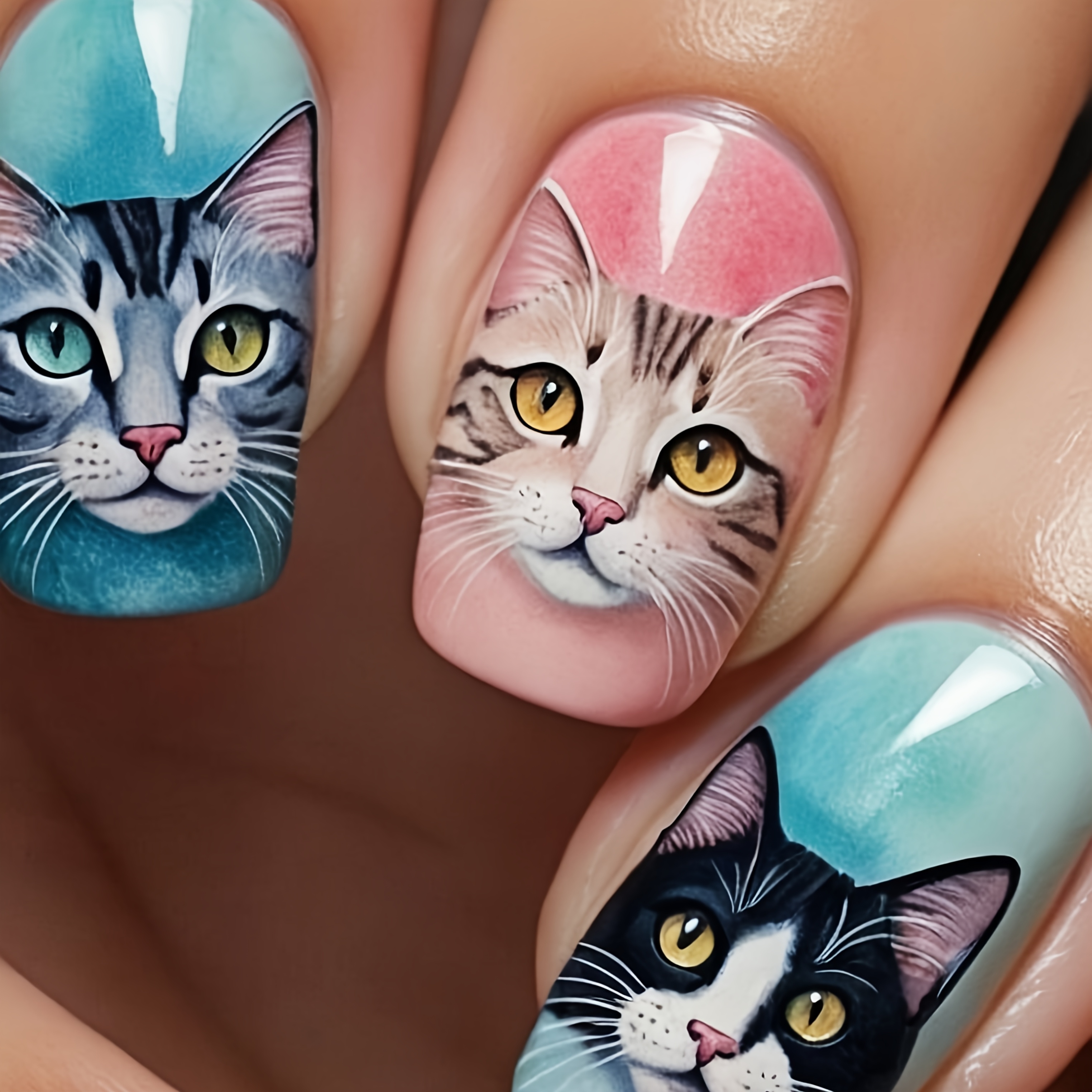 TEMU 24pcs Set Of Nail Art, Watercolor Cute Cat Headwear Press-on Nails, Influencer -block Nails, Cartoon Animal Nail Sheets, Niche Girly Finished