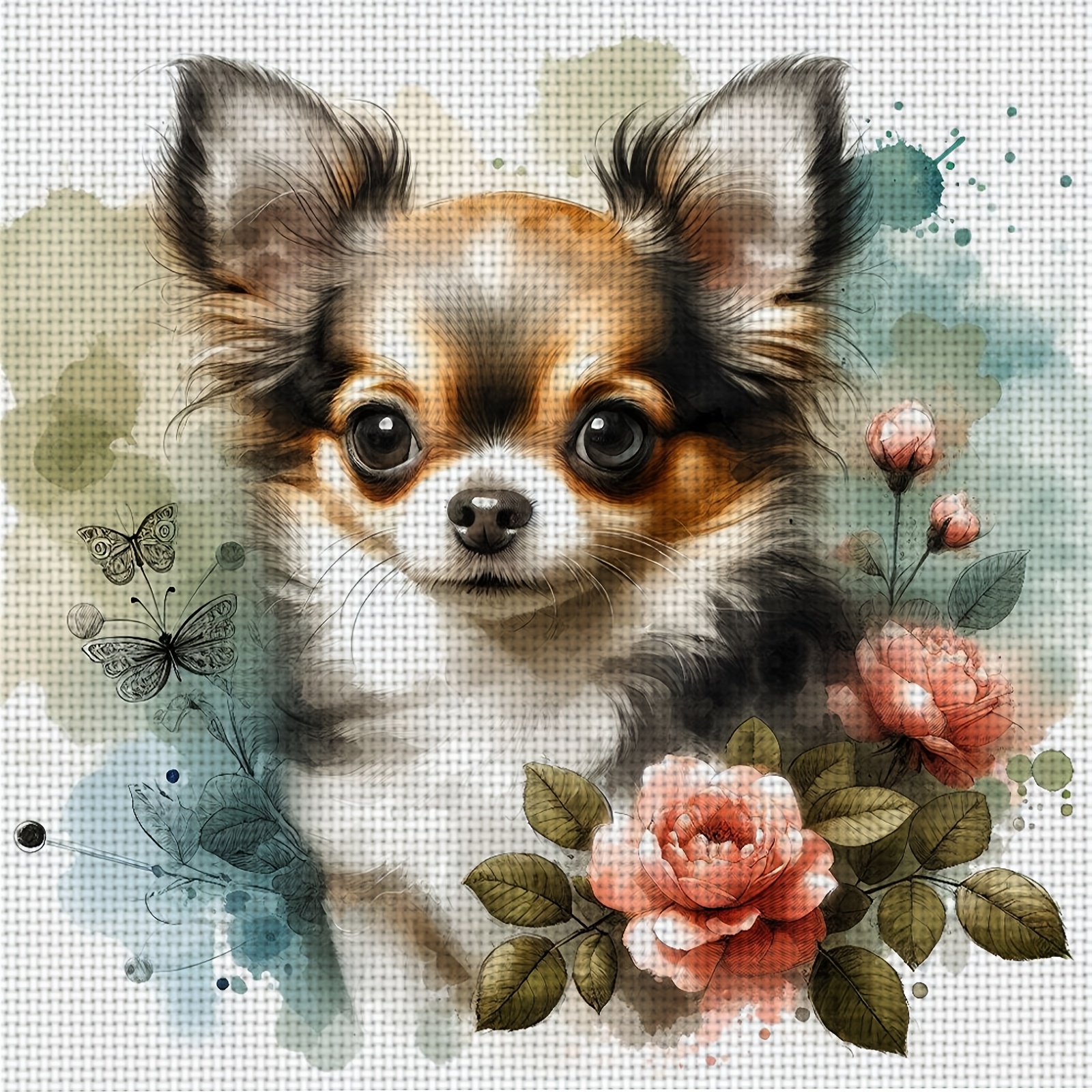 TEMU 1 Kit Complet de Broderie et Point de Croix DIY - Chihuahua, Fleurs Aquarelle et Papillons avec Tissu Pré-Imprimé, Fils, Aiguilles et