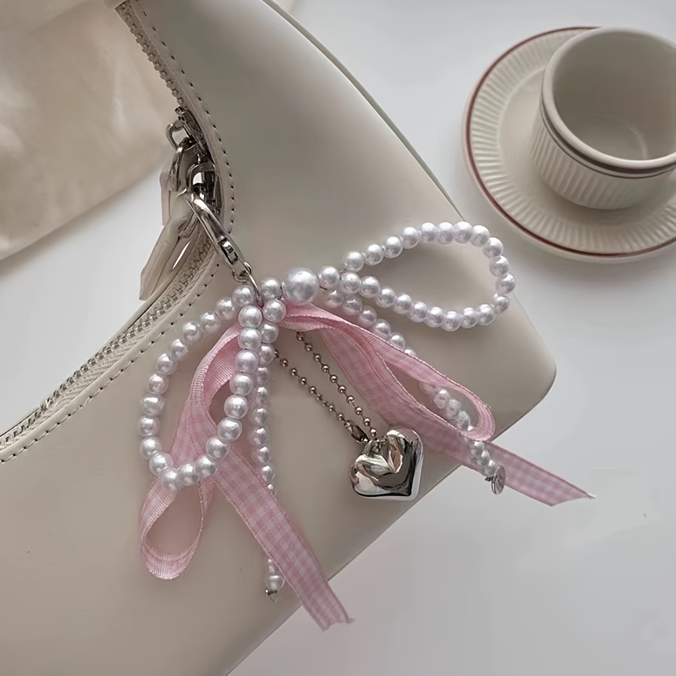 Pearl Streamer Bow Love Heart Pendant Bag Packaging Decoration Keychain Bag Charm