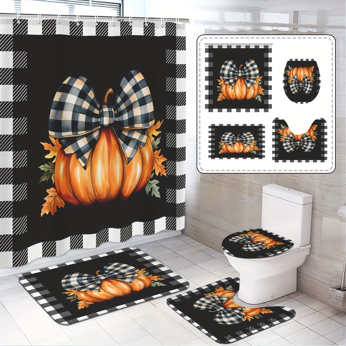 

Shower Curtain Set Checkered - Knitted Polyester , , Includes Curtain Eyelets, Lid & Bath Mat, Decor, - In 1/3/4 12