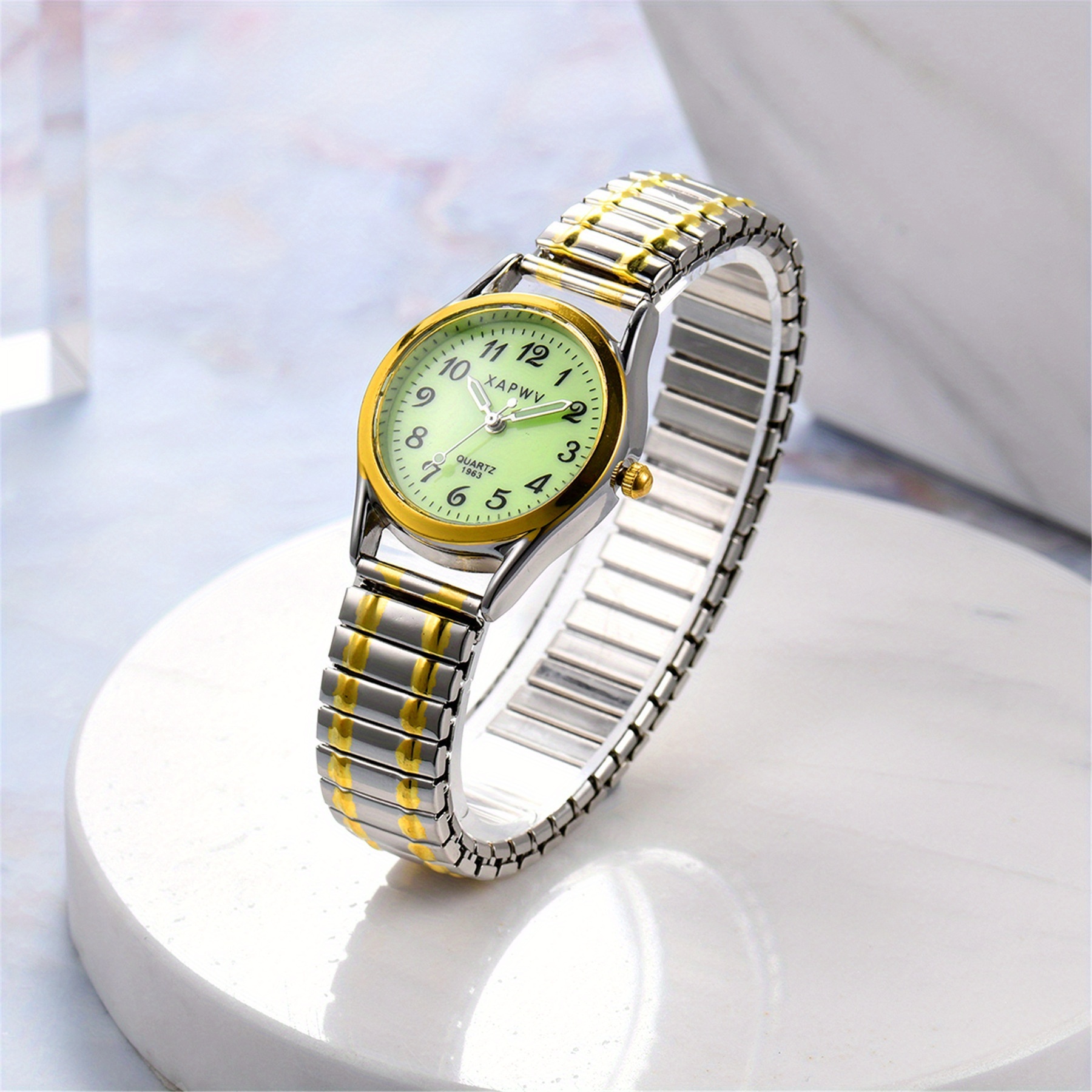 fashion simple small womens elastic watch   quartz wristwatch alloy stretch band large arabic   scale dial clear and easy to read round case mothers day birthday anniversary christmas gift Product details 1