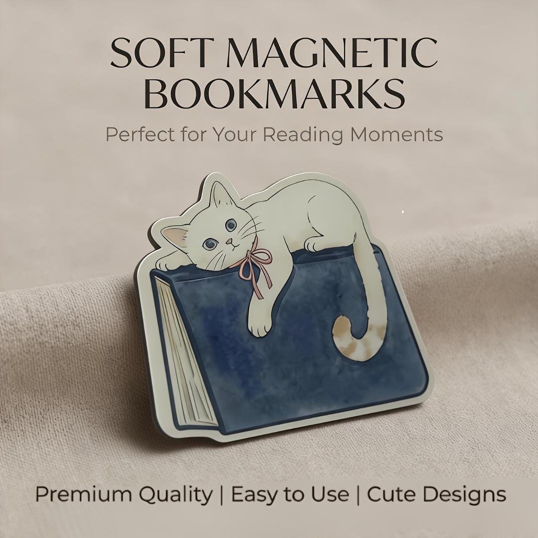 Image of 1pc Cat Magnetic Bookmark, Cat Lying On Book Page Marker, Soft Magnetic Bookmark For Books, Journals, Planners, Notebooks, Reading, Study, School, Office, Home Desk Stationery Accessory