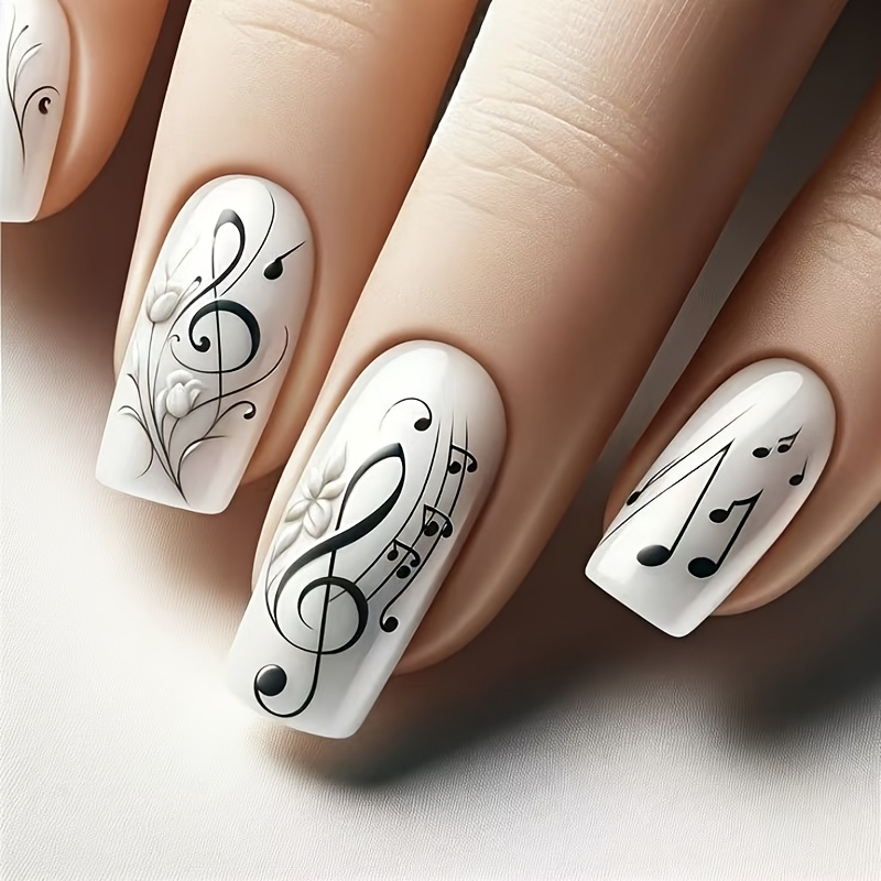 TEMU 24pcs Faux Ongles à Coller, , avec Base Blanche et de Notes de Musique, de Fleurs et de , Ongles en Tube de Longueur Moyenne, Ongles Artificiels