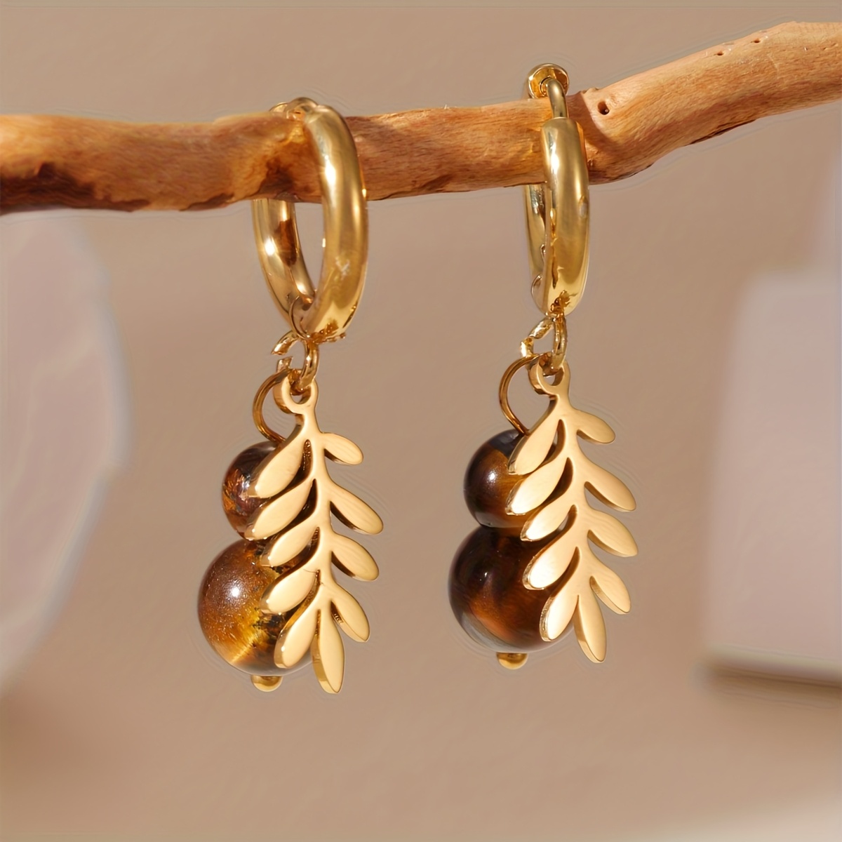 Women's 18K Gold Plated Tiger's Eye Stone Leaf Starburst Drop Hoop Earrings