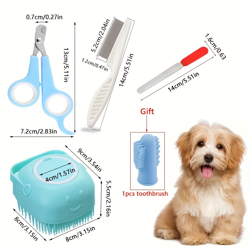

5pcs Dog Brush Grooming Set, Pet Cleaning Set With Pet Nail Clipper And File, Flea Comb, Pet Shampoo Brush And Silicone Toothbrush