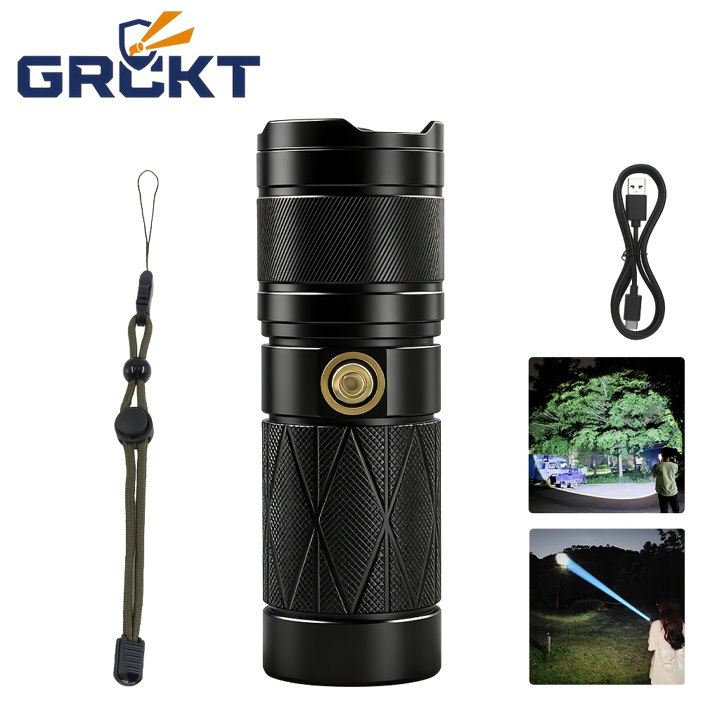 TEMU 1pc 3-section High-capacity 18650 Lithium Battery Long-lasting Mini Flashlight, 30w Led Beads, Telescopic Zoom, Type-c Usb Output Support,