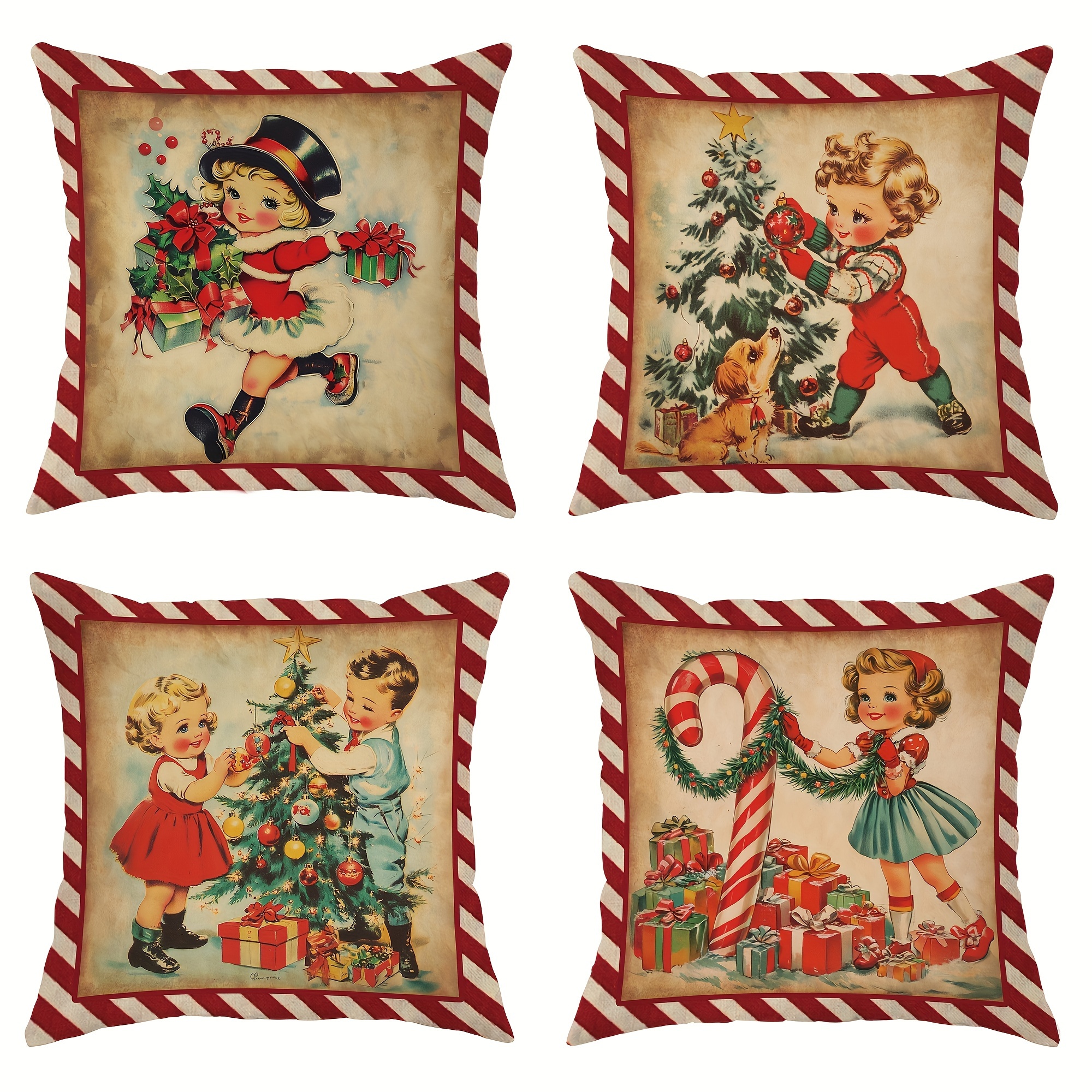 

Vintage Christmas Throw Pillow Covers Set Of 4, Polyester Decorative Cushion Cases With Zipper Closure, Machine Washable, Winter Holiday-themed Pillowcases For Sofa And Bedroom Décor, 18x18 Inches