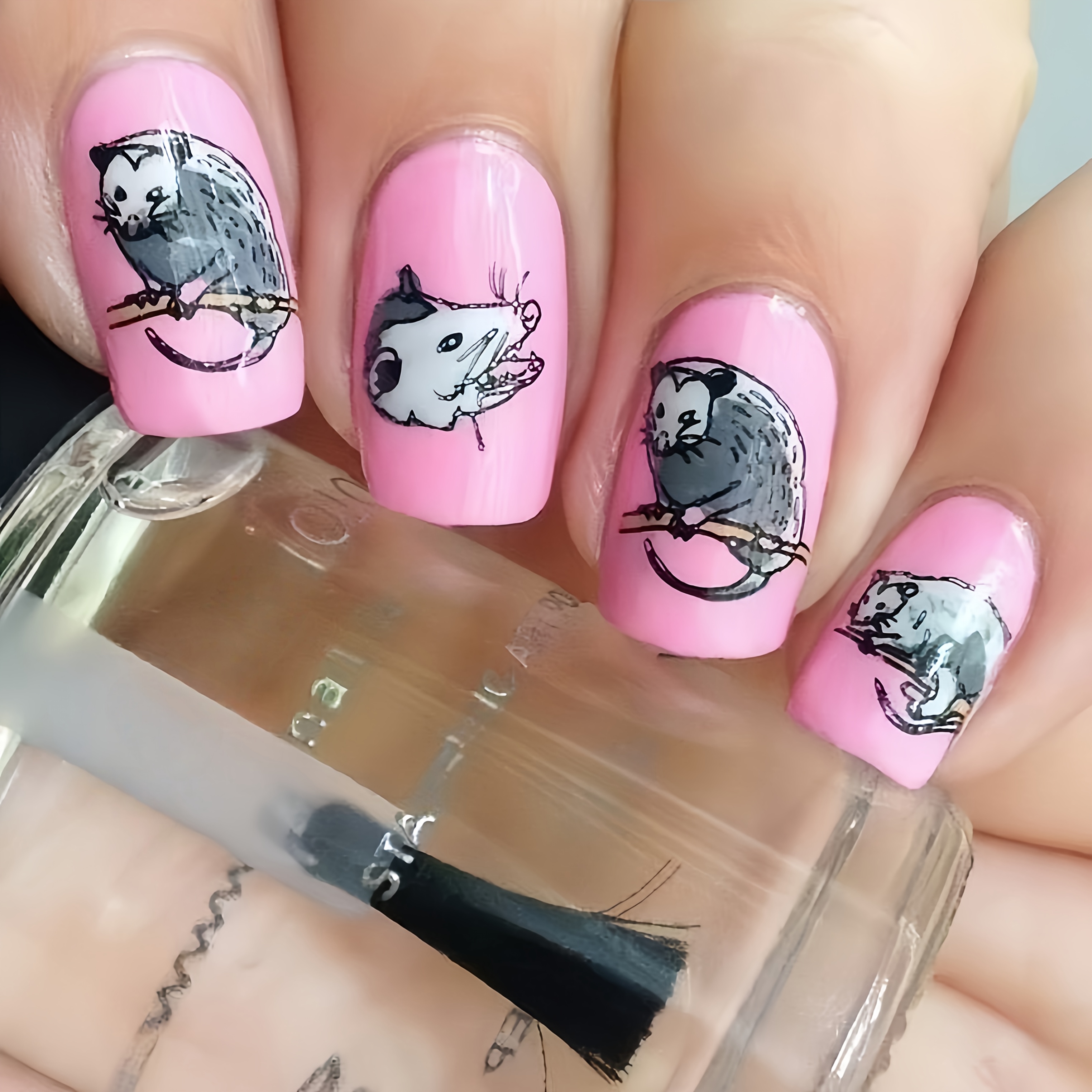 TEMU 24pcs Set Nail Art, Soft Nude Pink Base Color With Cartoon Opossum Animal Hand-painted Design, Cute Square Press-on Nails For, Niche Style,