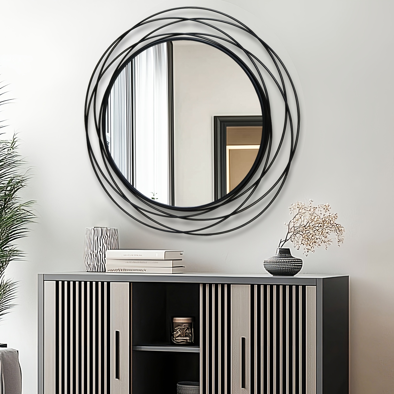 Round Black Iron Wire Frame Wall Mirror 80cm, Camellia Shaped Modern Decorative Mirror For Living Room, Bedroom, Hallway, Bathroom, Hd Anti-distortion For , Decor