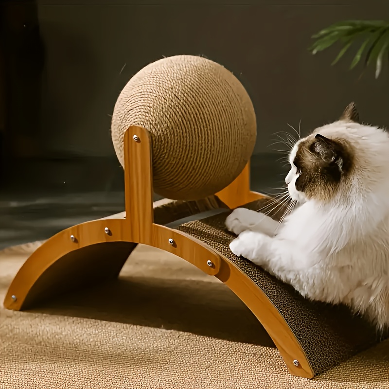 

Interactive Sisal Cat Scratcher Toy With Solid Wood Base And Ball - Scratching Post For Cats And Kittens, Scratching Ball